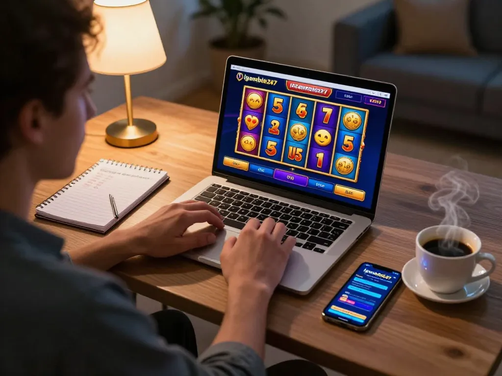 Player enjoying Igamble247 Slot on laptop while strategizing with notes in cozy home office.