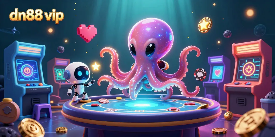 Action-packed dn88 vip scene highlighting an alien octopus playing poker amid vibrant casino elements.
