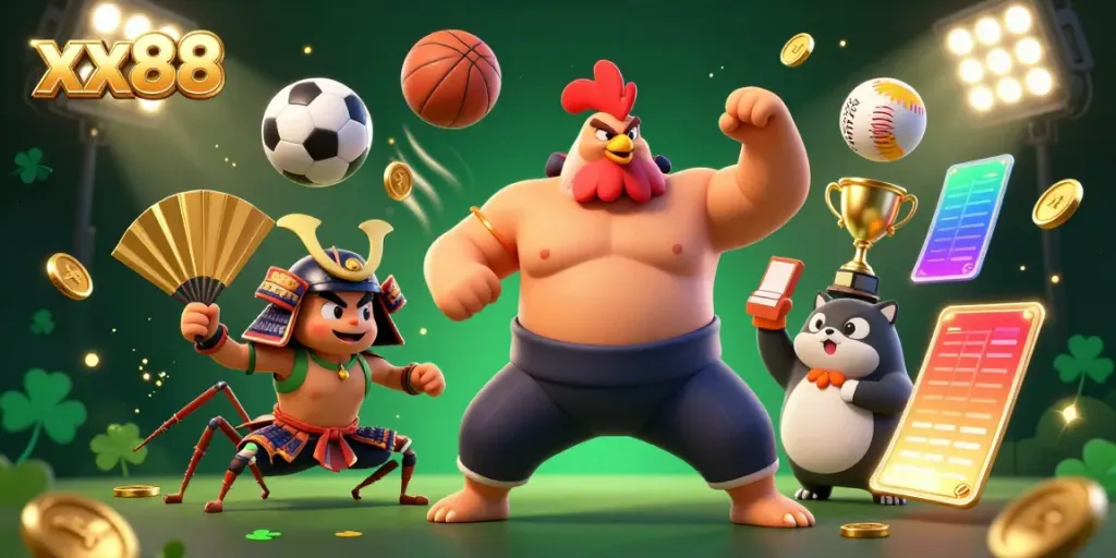 Engage in thrilling sports betting activities with the animated xx88 characters showcasing a lively casino environment.