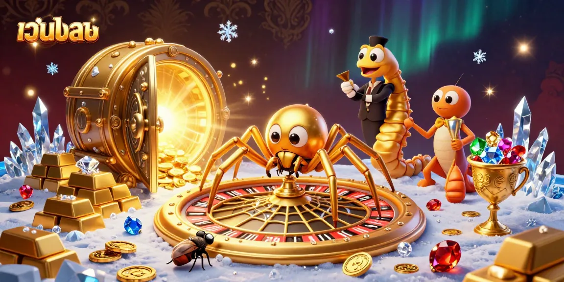 Place bets on เว็บบอล with a dynamic 3D illustration featuring a golden spider and a centipede croupier.