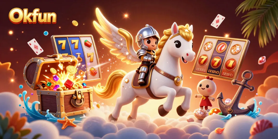 Engage with Okfun's thrilling slot experience amidst a fantasy world of gold and gems.