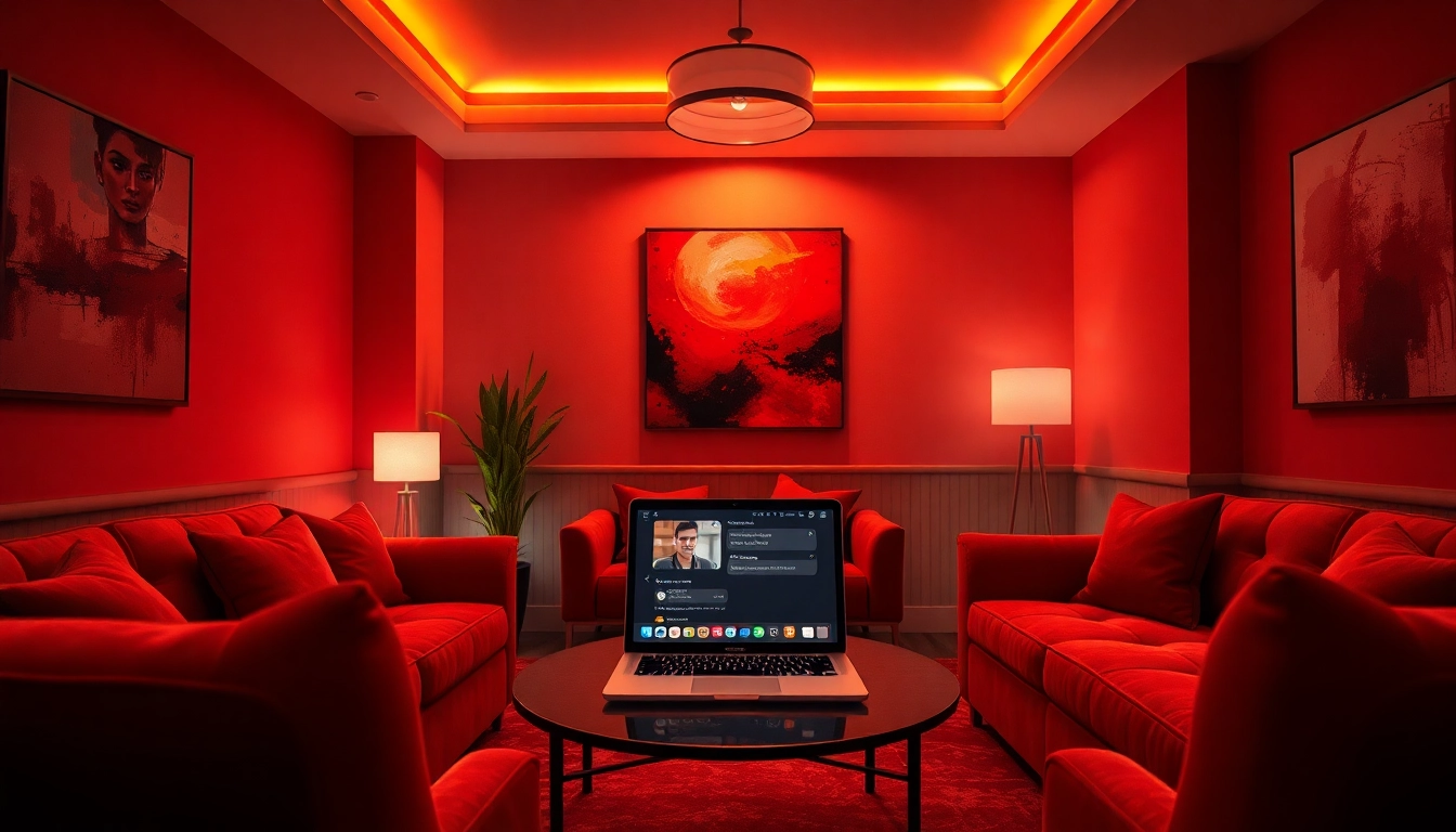 NSFW character AI chat interface in a cozy lounge setting, promoting intimate digital interactions.