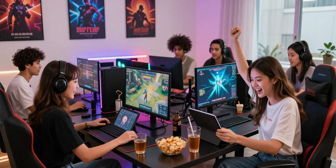 Group of friends enjoying online gaming at gamebaidoithuong.is in a vibrant setting.