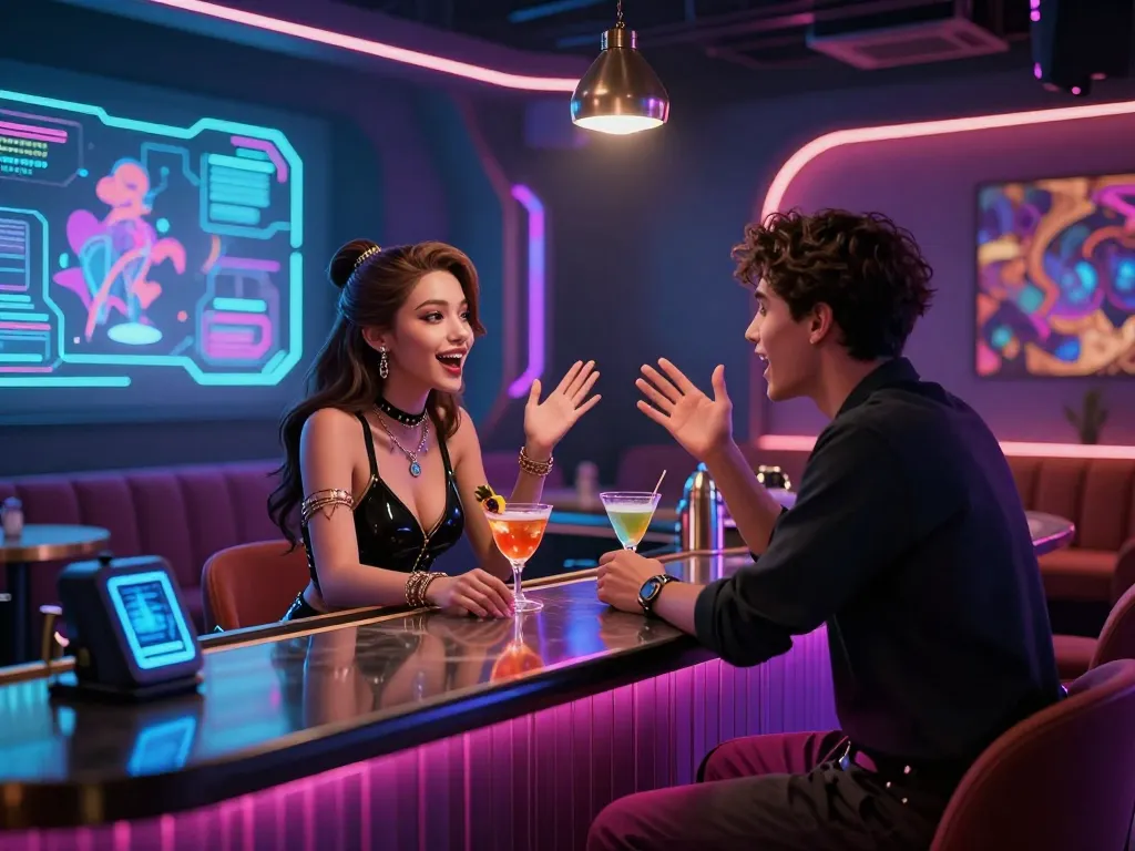 Engaging NSFW AI character in a vibrant digital lounge setting, showcasing innovative interactions and futuristic design elements.