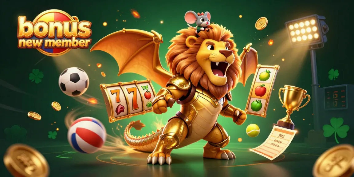 Engage in the gaming world with exciting bonus new member offers featuring an ultra-detailed chimera and vibrant casino elements.