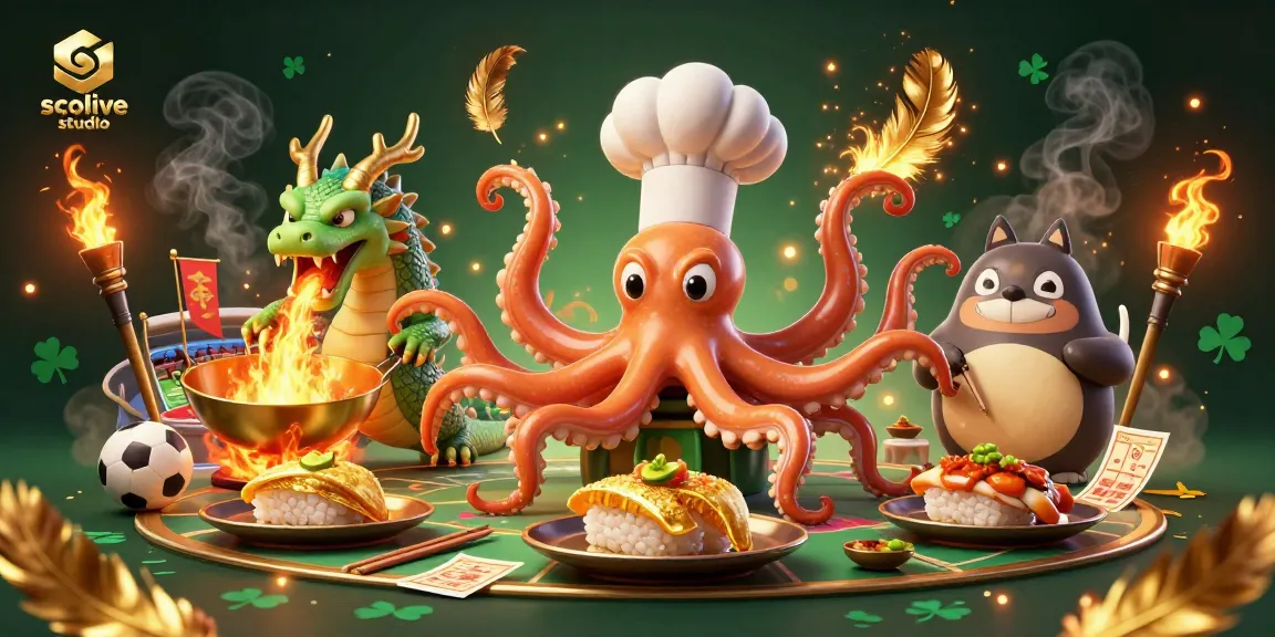 Socolive studio showcases a vibrant sports betting scene with a dynamic sushi chef octopus, dragon, and tanuki, highlighting action in gambling.