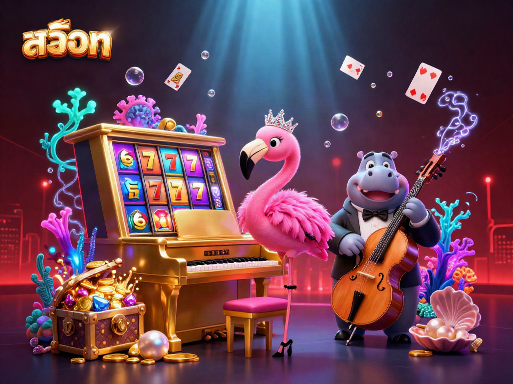 Experience vibrant สล็อต action with a flamingo singer and hippo bassist in this animated casino scene.