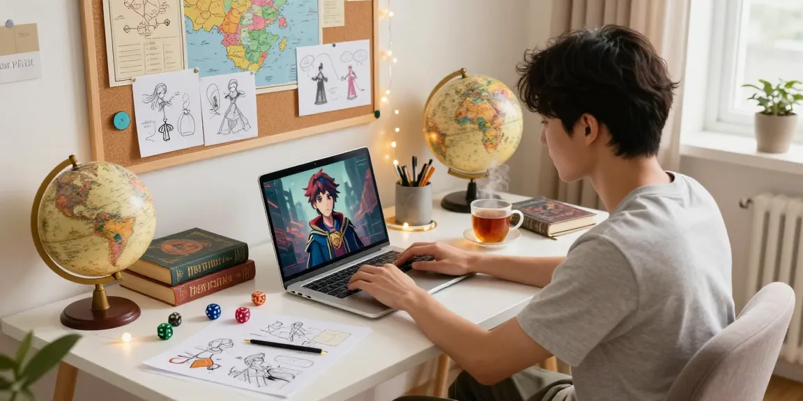 Immersive AI roleplay workspace showcasing creativity with colorful character sketches and a laptop.