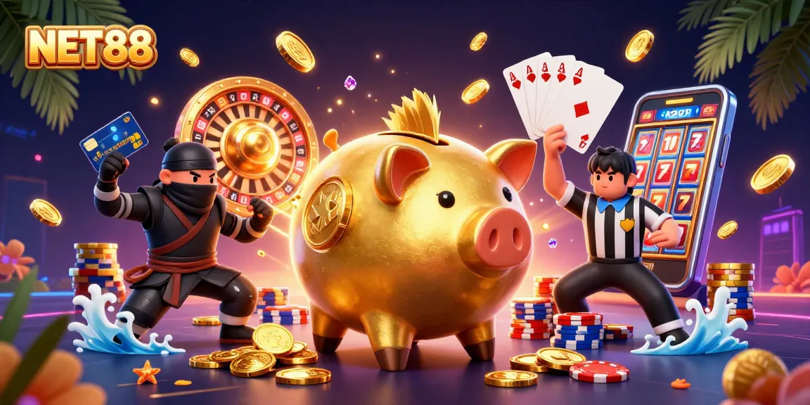 NET88 showcases an engaging scene with a piggy bank sumo wrestler, coins cascading, and vibrant gaming elements.