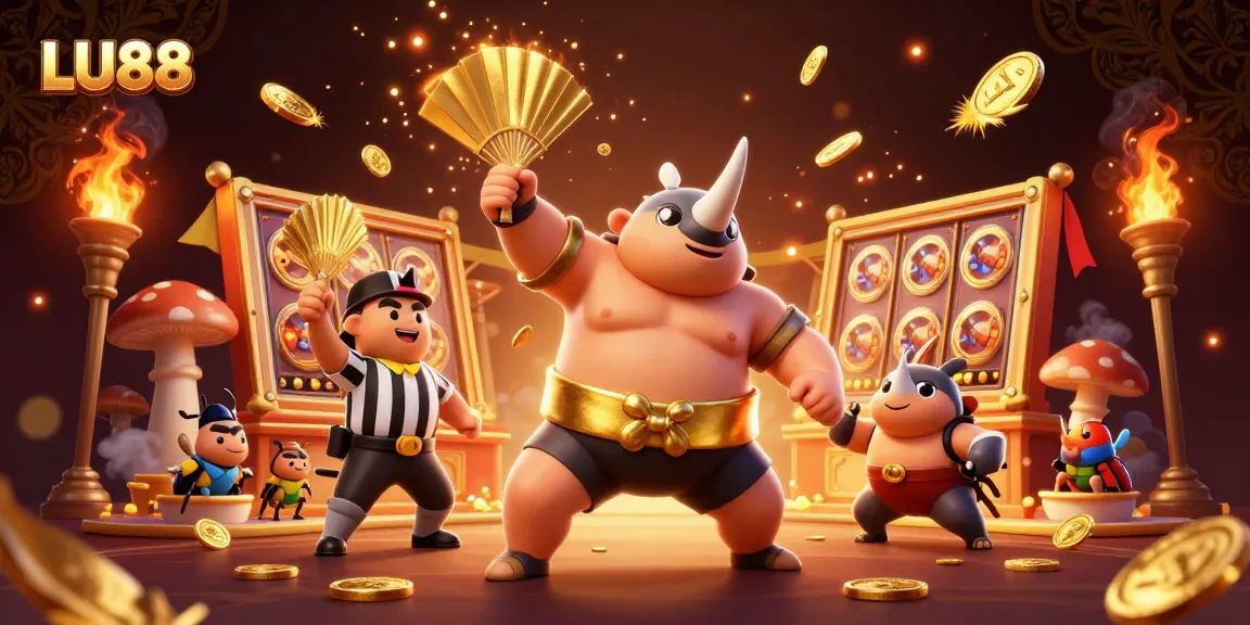 LU88 slot machine scene with a sumo beetle champion celebrating a big win amidst flying coins and cheering spectators.