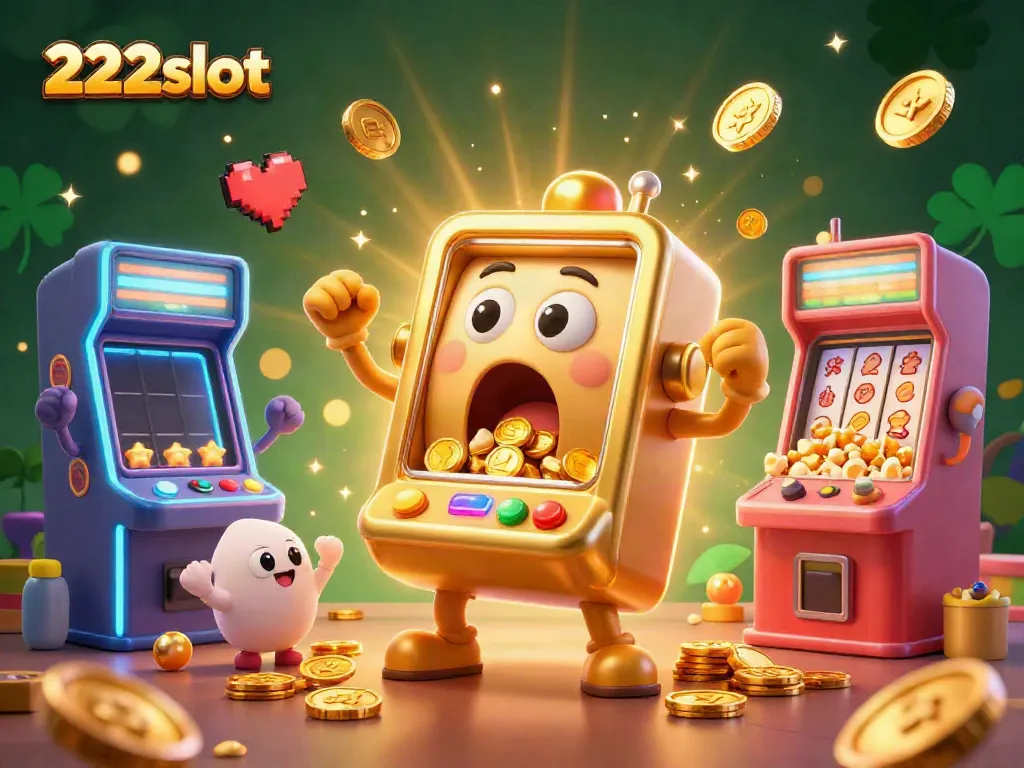 Memenangkan jackpot di 222slot sambil dikelilingi mesin slot ceria dan popcorn.