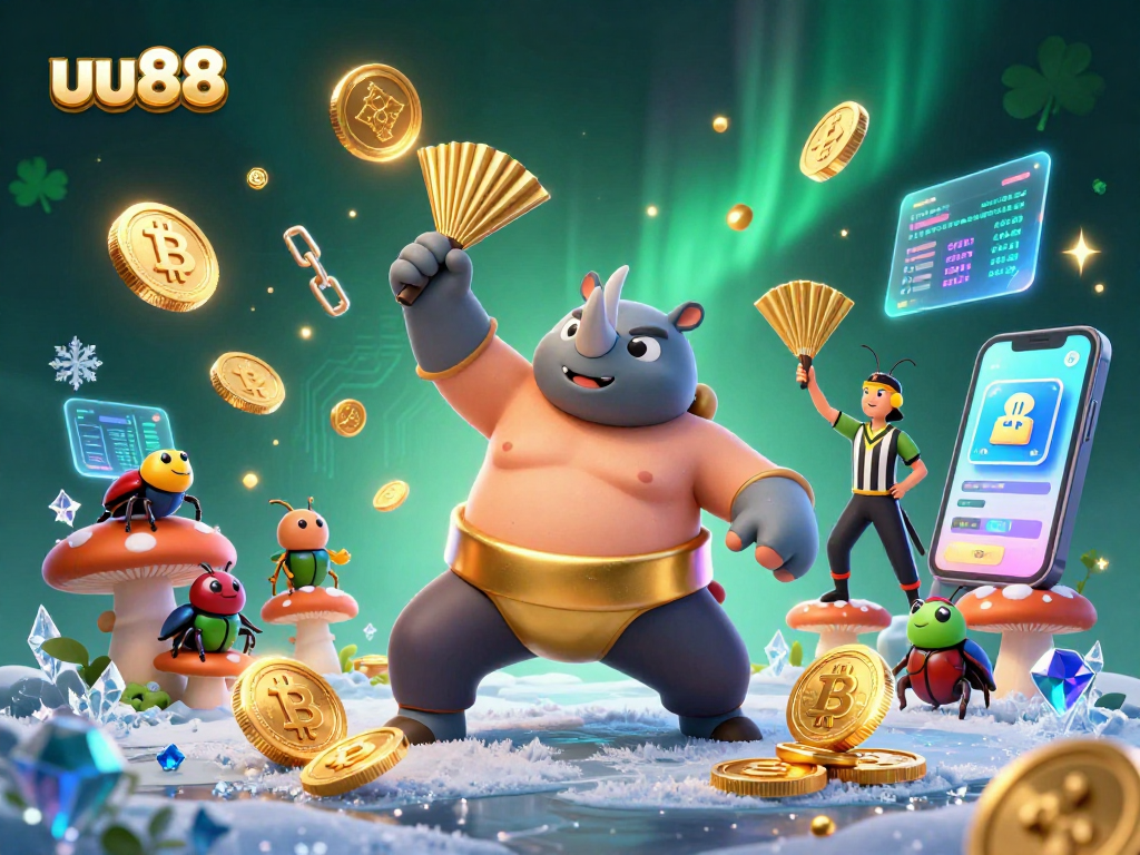 uu88 ignites excitement with a dynamic 3D scene featuring a sumo champion beetle and crypto elements.