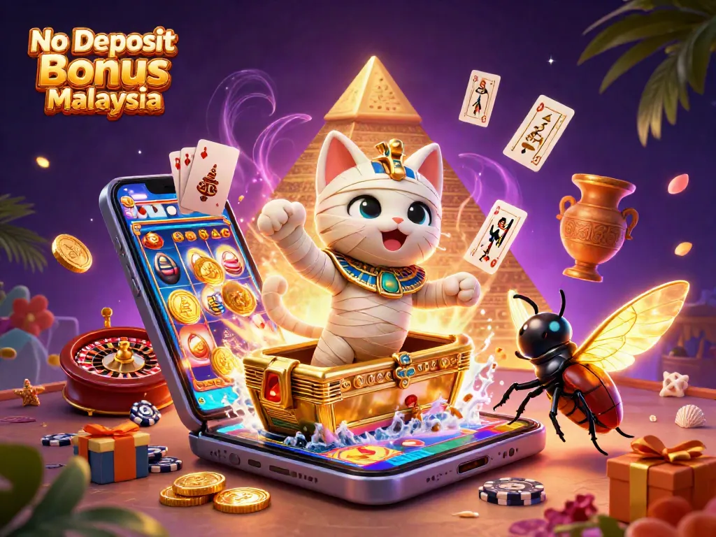 No Deposit Bonus Casino Malaysia showcases a mummy cat and scarab beetle in a vibrant pyramid casino scene.