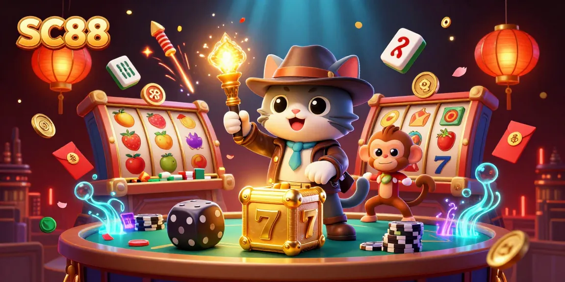 Experience SC88 with thrilling slot reels and classic poker tables in a vibrant digital illustration.