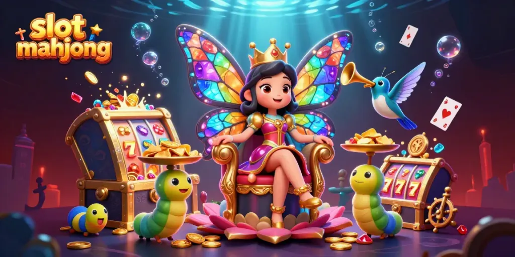 Engage in slot mahjong with a colorful cartoon scene showcasing a vibrant butterfly queen and gold treasures.
