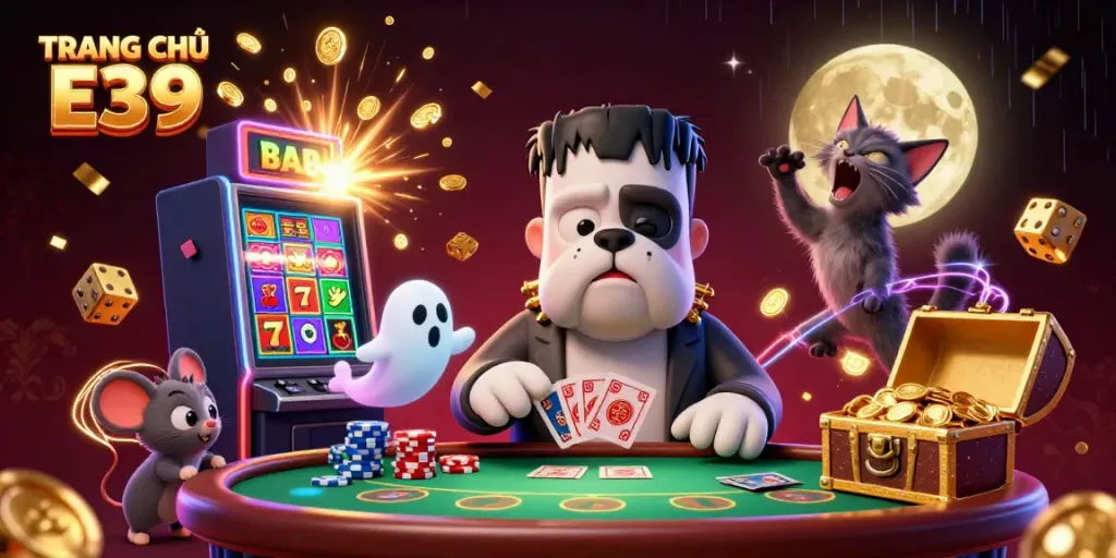 Experience thrilling actions on TRANG CHỦ E39 as a Frankenstein bulldog deals cards amidst a vibrant casino setting.