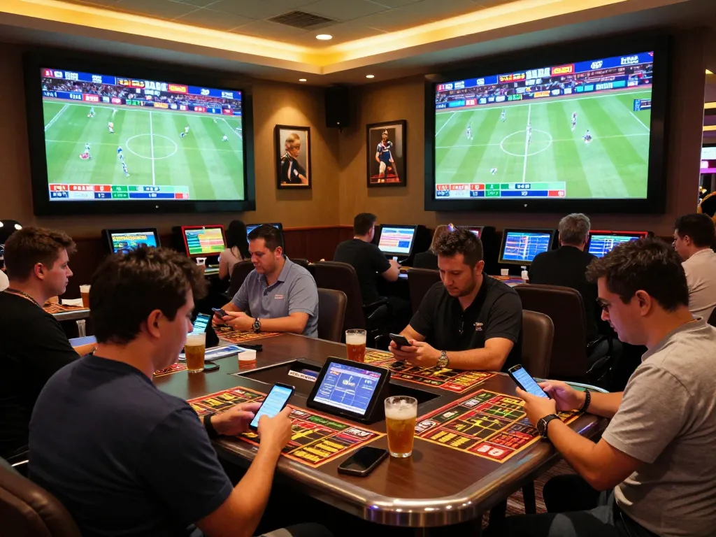 Engaged bettors analyzing kèo nhà cái trực tiếp in a vibrant sports betting area of a modern casino, capturing the excitement of live wagering.