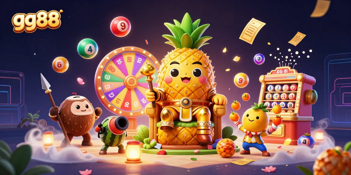 Engage in thrilling gameplay at gg88 with a vibrant scene featuring a golden pineapple king and other characters in a dynamic casino setting.