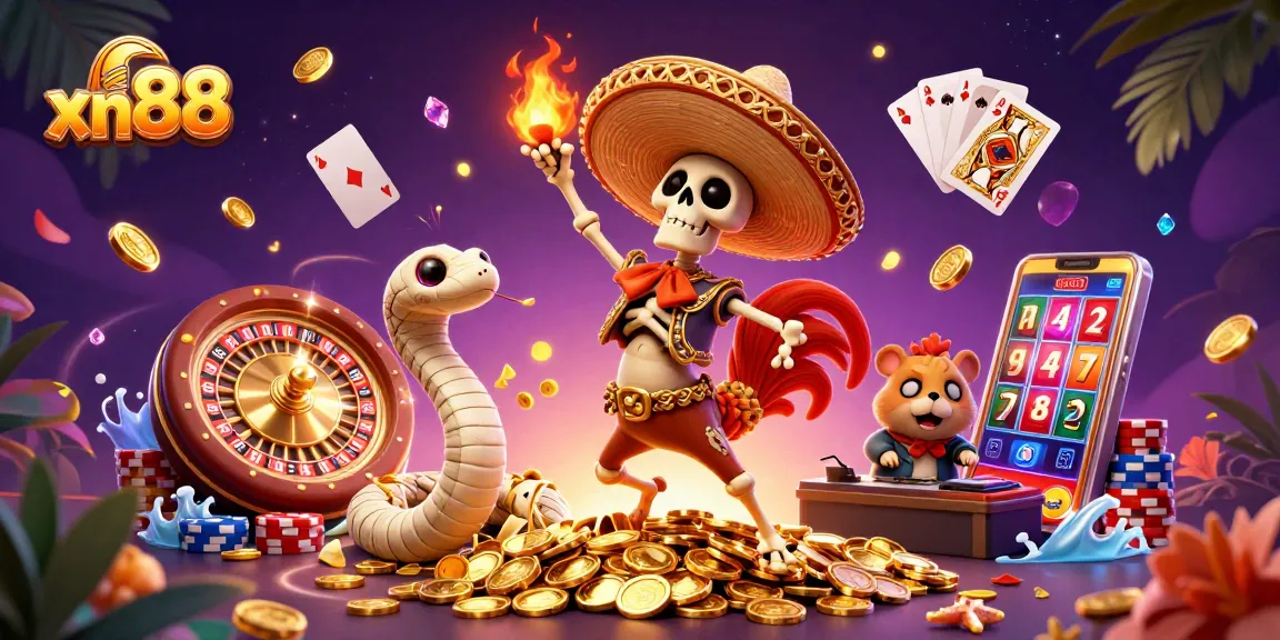 Experience thrilling wins with xn88 as the mariachi rooster celebrates atop a golden coin pile.