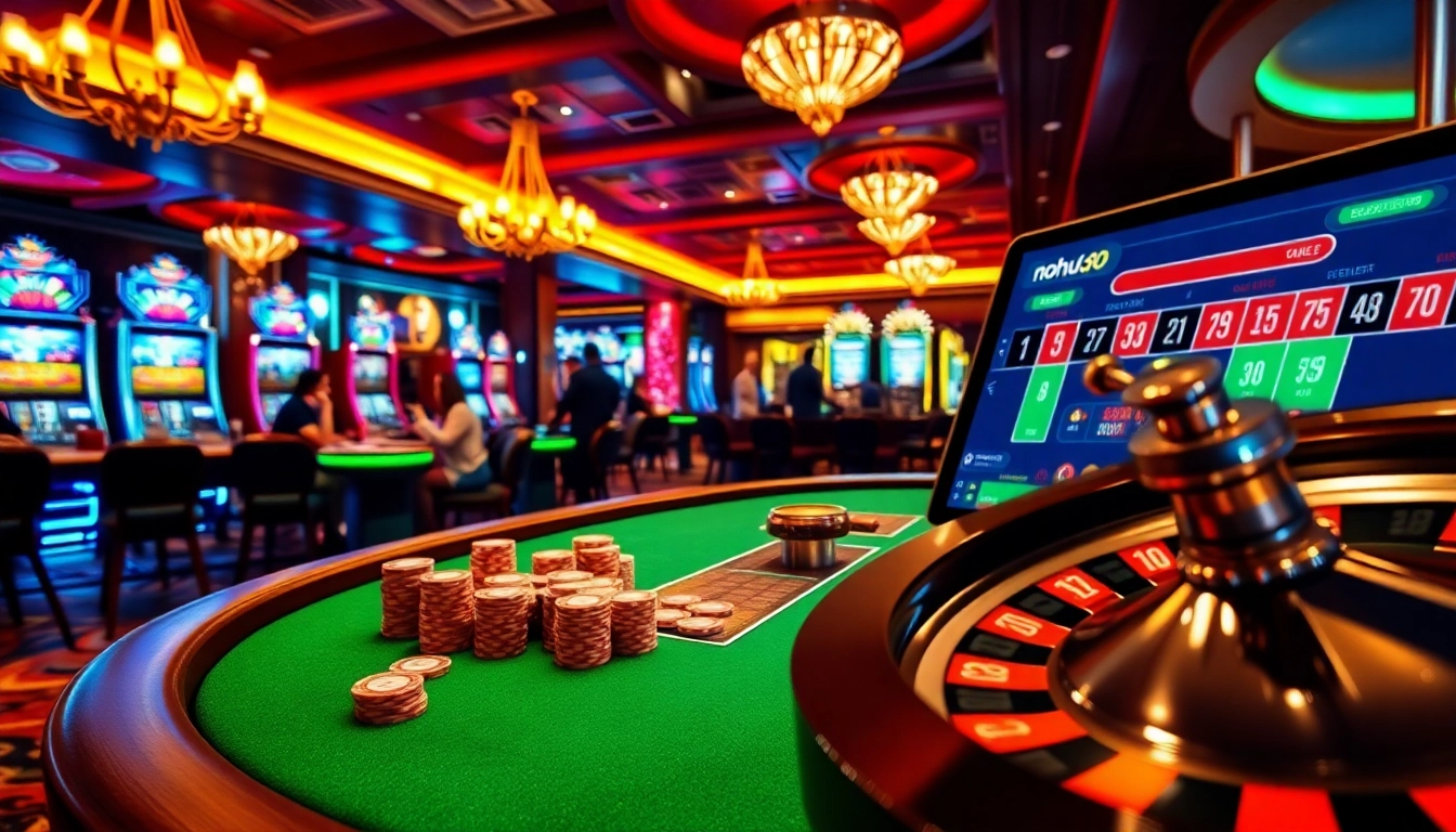 Nohu90 players enjoy high-stakes excitement at a luxurious casino with vibrant slot machines and roulette.