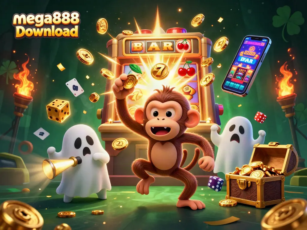 Experience thrilling mega888 download excitement as a ghostly monkey juggles golden casino treasures.