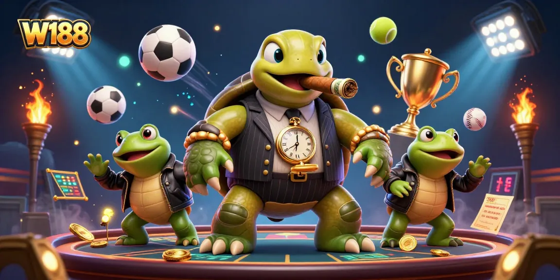 Experience exciting gameplay with W188’s lively casino scene featuring cartoon characters and dynamic sports elements.