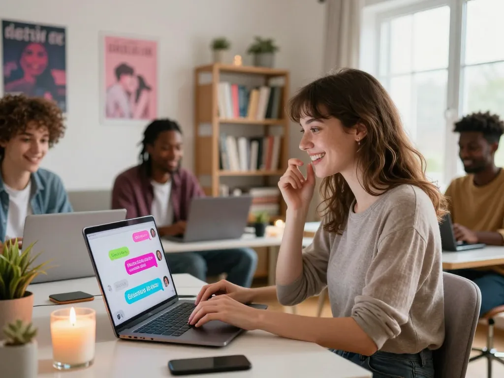 Engaging users in sex chat ai within a cozy home office environment, highlighting fun and playful conversations with AI.