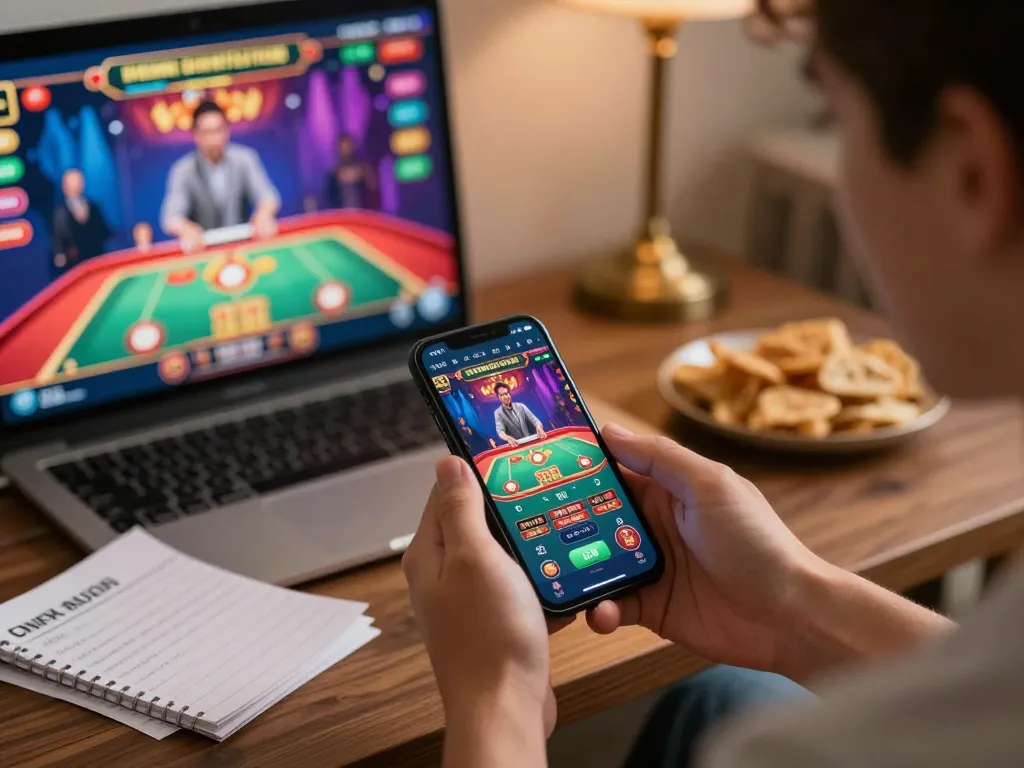 Engaging mobile gaming experience at LC88 with player focused on winning strategies and live dealer action.