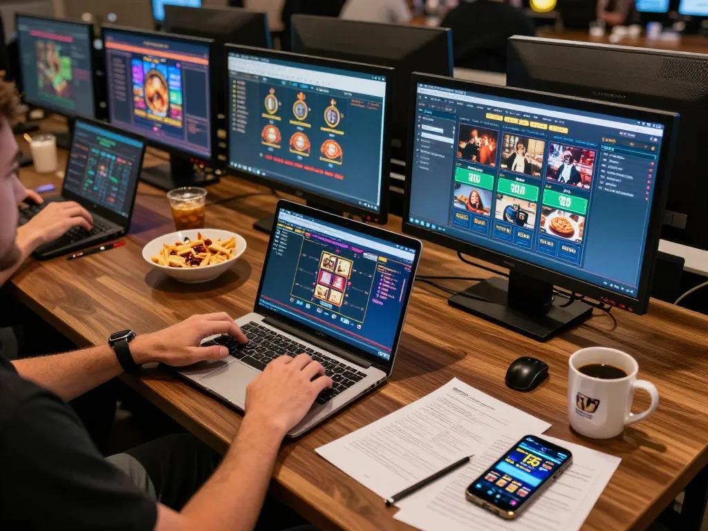 king33 player engaged in live dealer gameplay on laptop with snacks and strategy notes nearby