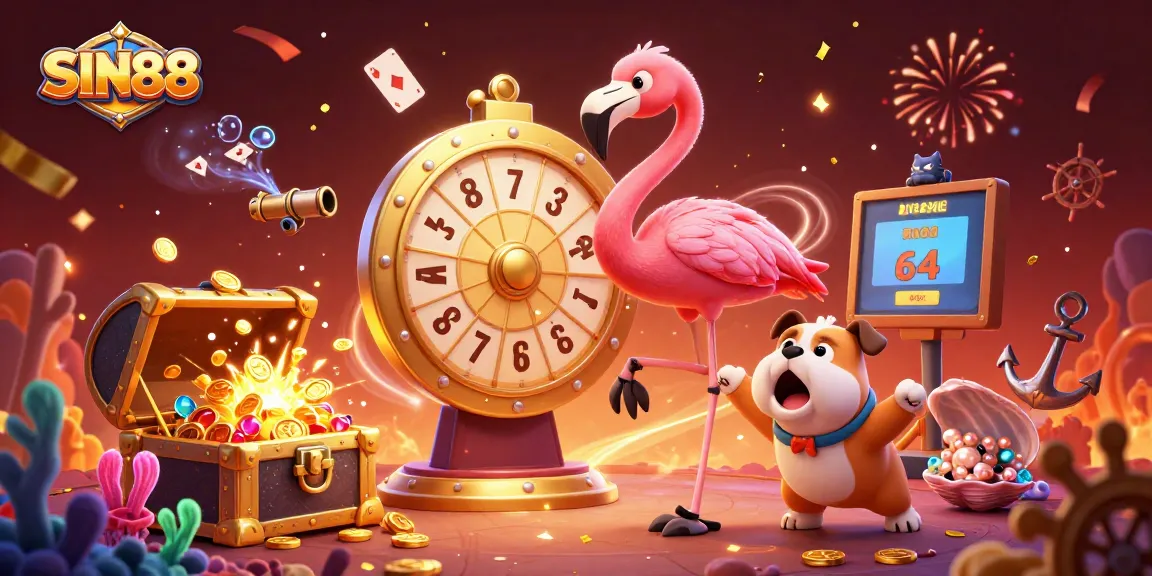 SIN88 offers an exciting gaming experience with a vibrant casino-themed illustration featuring characters and prizes.