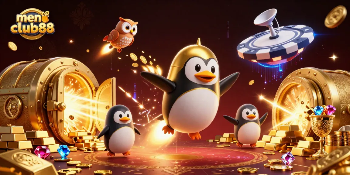 Experience the vibrant world of menangclub88 as a golden penguin navigates a dazzling casino space.