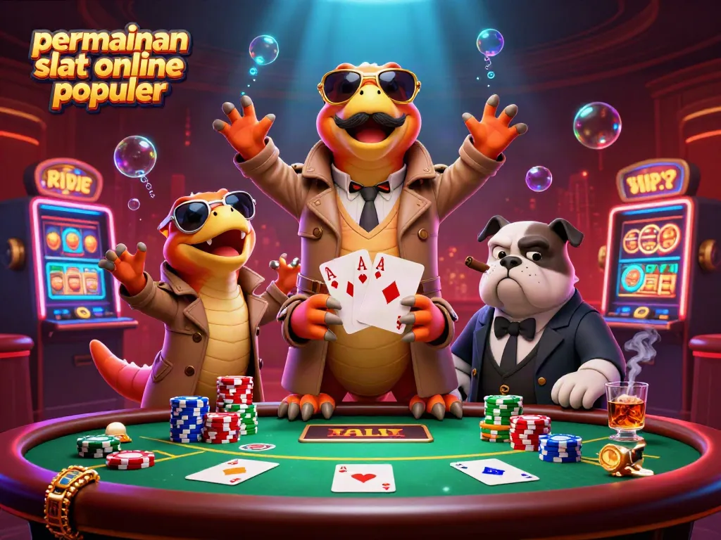 Menggambarkan permainan slot online populer dengan tiga raptor dalam jas dan bulldog bouncer, nuansa kasino yang ceria.