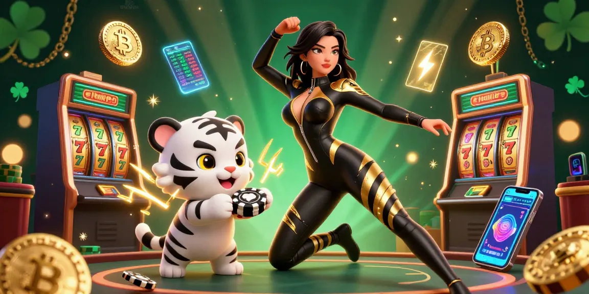Engaging online casino scene with a woman in a glamorous catsuit and a playful tiger, showcasing vibrant game elements.