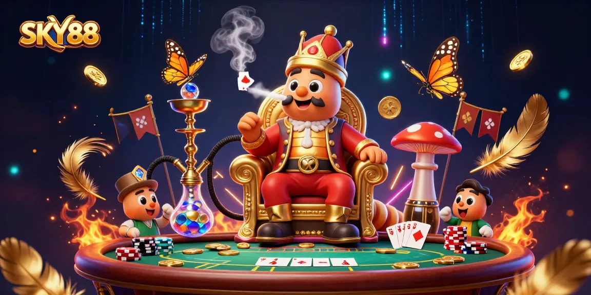 Experience the enticing world of SKY88 with an action-packed poker scene, vibrant 3D characters, and dramatic elements.
