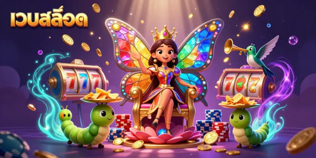 เกม เว็บสล็อต ด้วยราชินีผีเสื้อและตราประทับสีทองในธีมคาสิโน