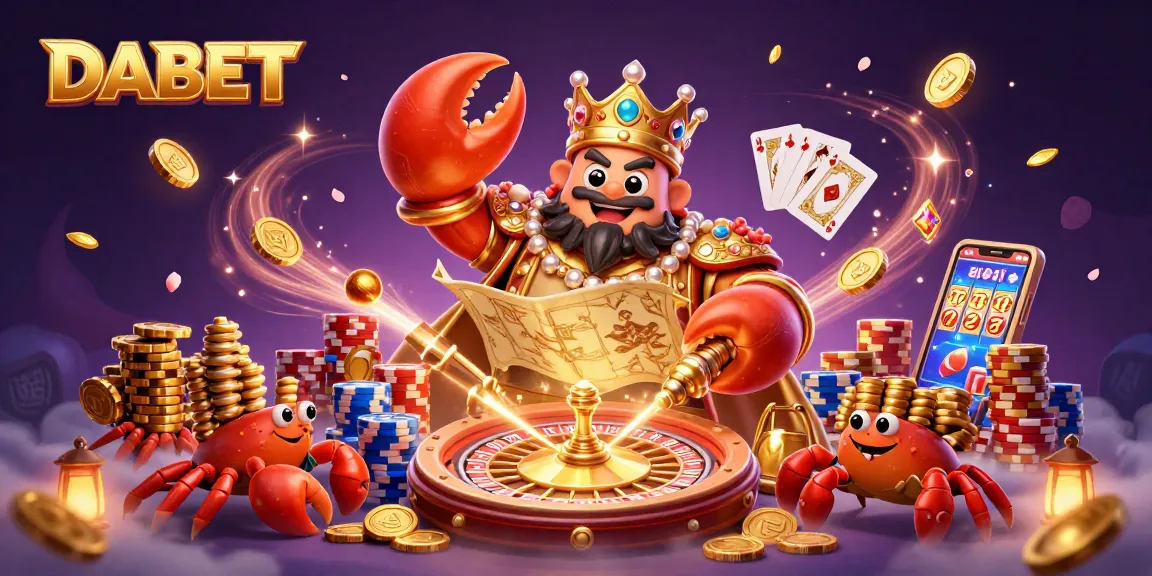 DABET engages gamblers with a vibrant 3D scene featuring a majestic crab emperor, treasure maps, and casino elements.