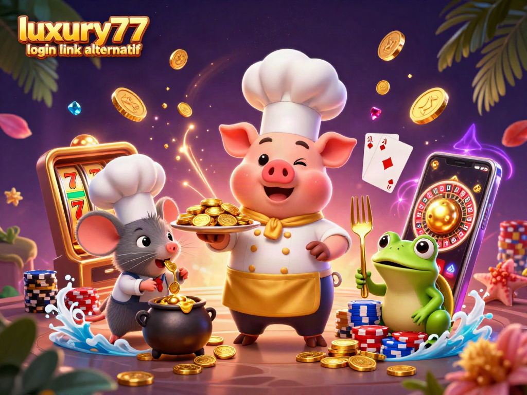 Visualisasi menarik dari luxury777 login link alternatif, menghadirkan chef 3D, koin emas, dan slot yang ceria.