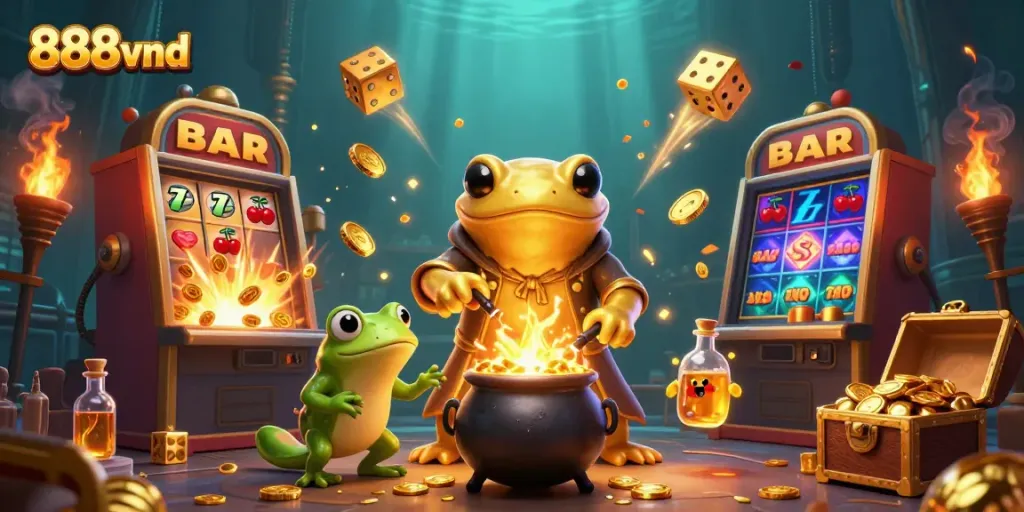 Explore the dynamic world of 888vnd with a vibrant slot machine explosion in a magical casino