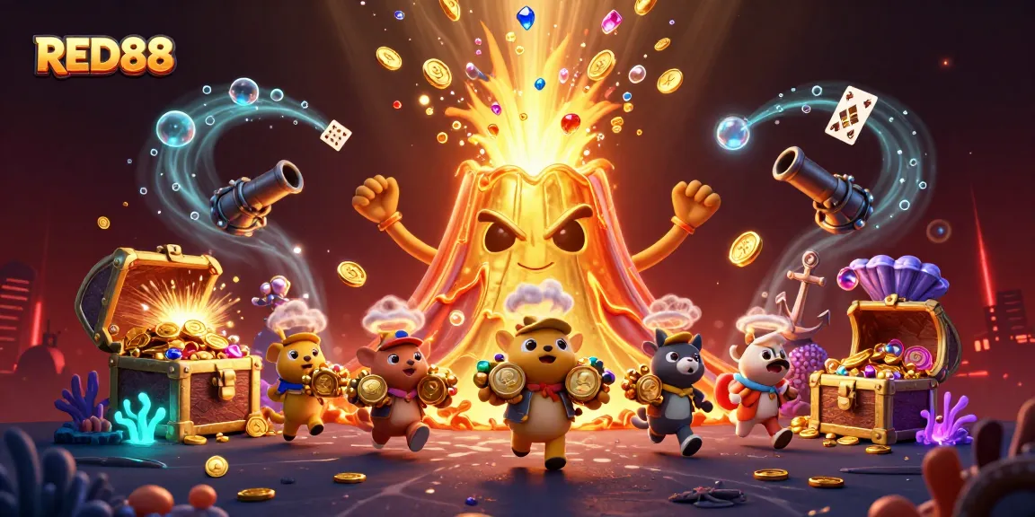 Engage in thrilling moments with RED88 as a golden volcano erupts with treasures and animated animals.