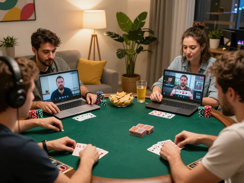 Engaging home poker night with friends using Nhà cái kk55, showcasing laptops and enjoying snacks.