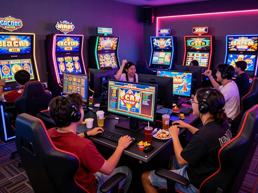 Pemain yang terlibat menikmati slot gacor hari ini di ruang permainan yang penuh dengan kegembiraan.