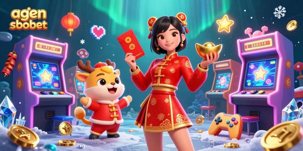 Engage with agen sbobet in this vibrant 3D illustration showcasing festive elements and casino excitement.