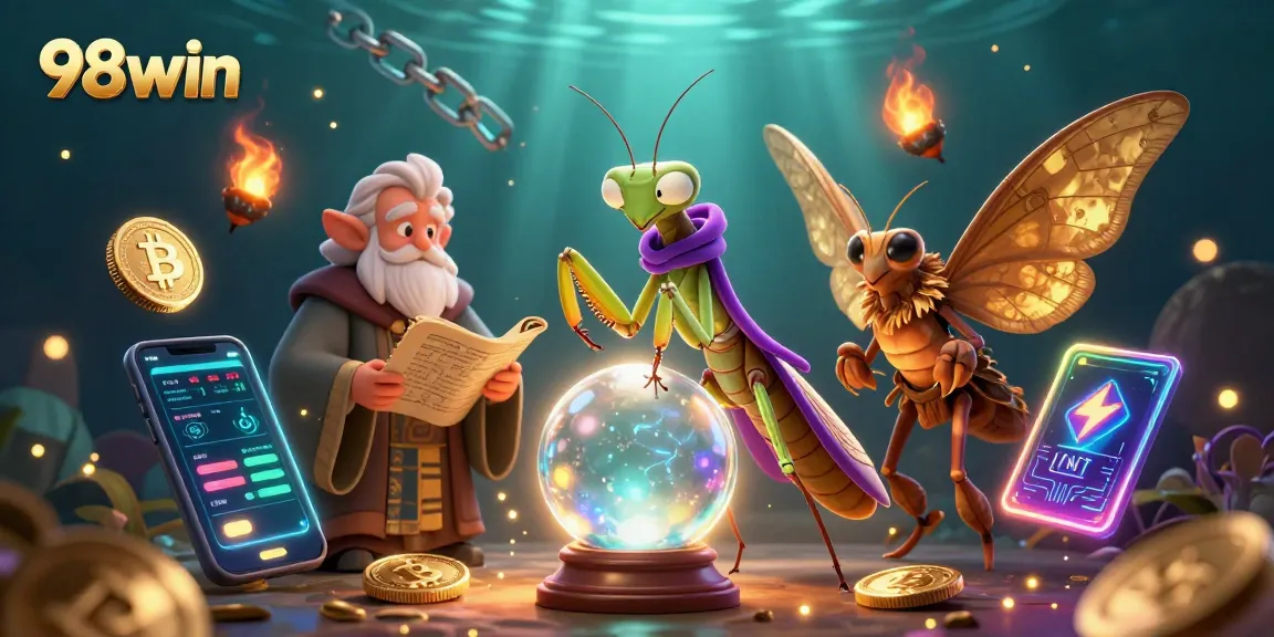 Experience the magic of 98win, unveiling crystal ball fortunes in a vibrant casino scene.