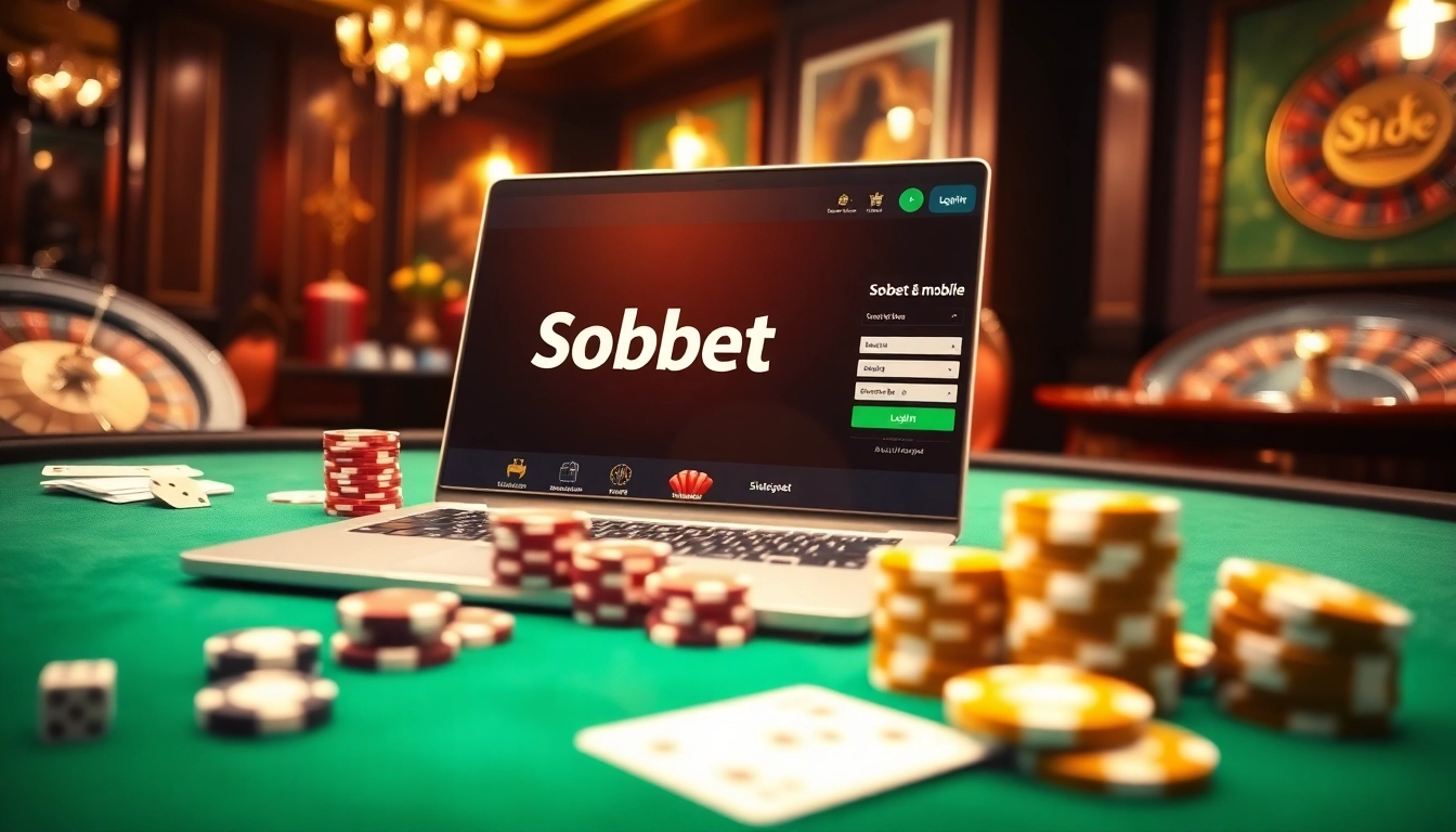 Engaging scene showing a sbobet login interface among poker chips and cards, illustrating online sports betting excitement.