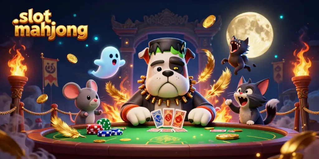Mengeluarkan slot mahjong dengan visual karakter unik di meja hijau yang spooky, kartu dan koin bertebaran.