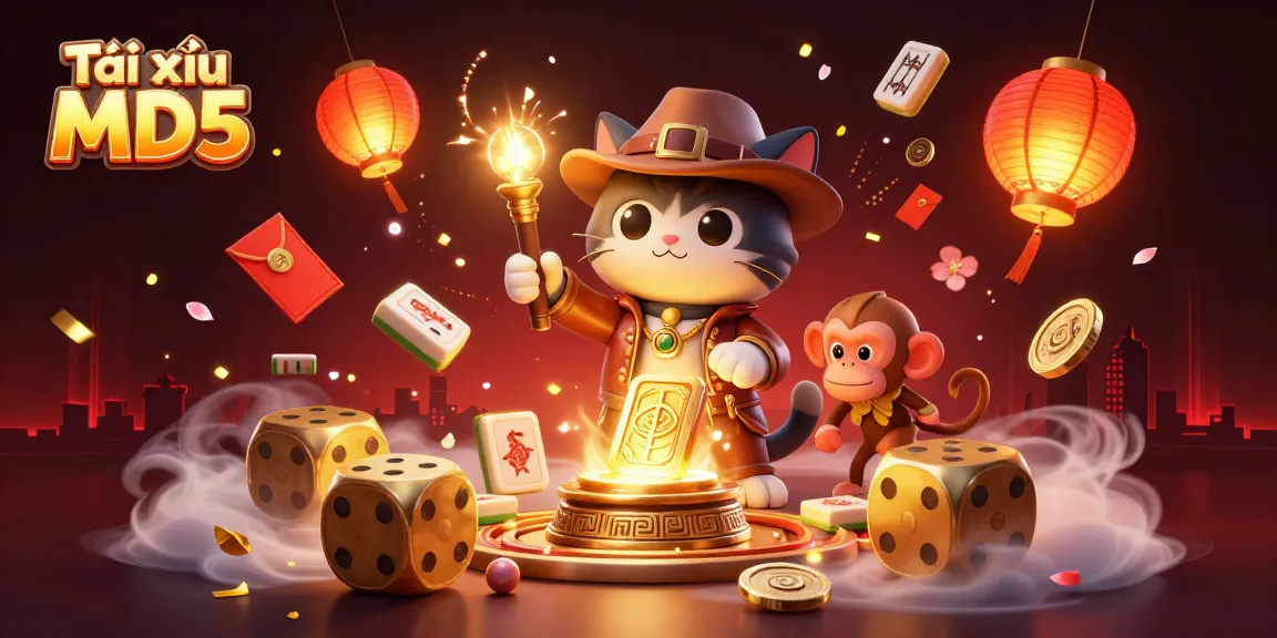 Tài xỉu MD5 game scene featuring an explorer cat and monkey discovering a golden artifact.