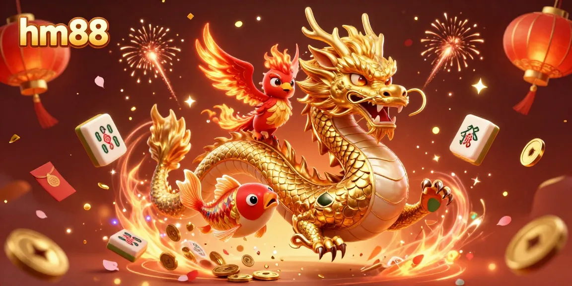 Engage in thrilling casino action at hm88 with vibrant imagery of a golden dragon, phoenix, and koi fish.