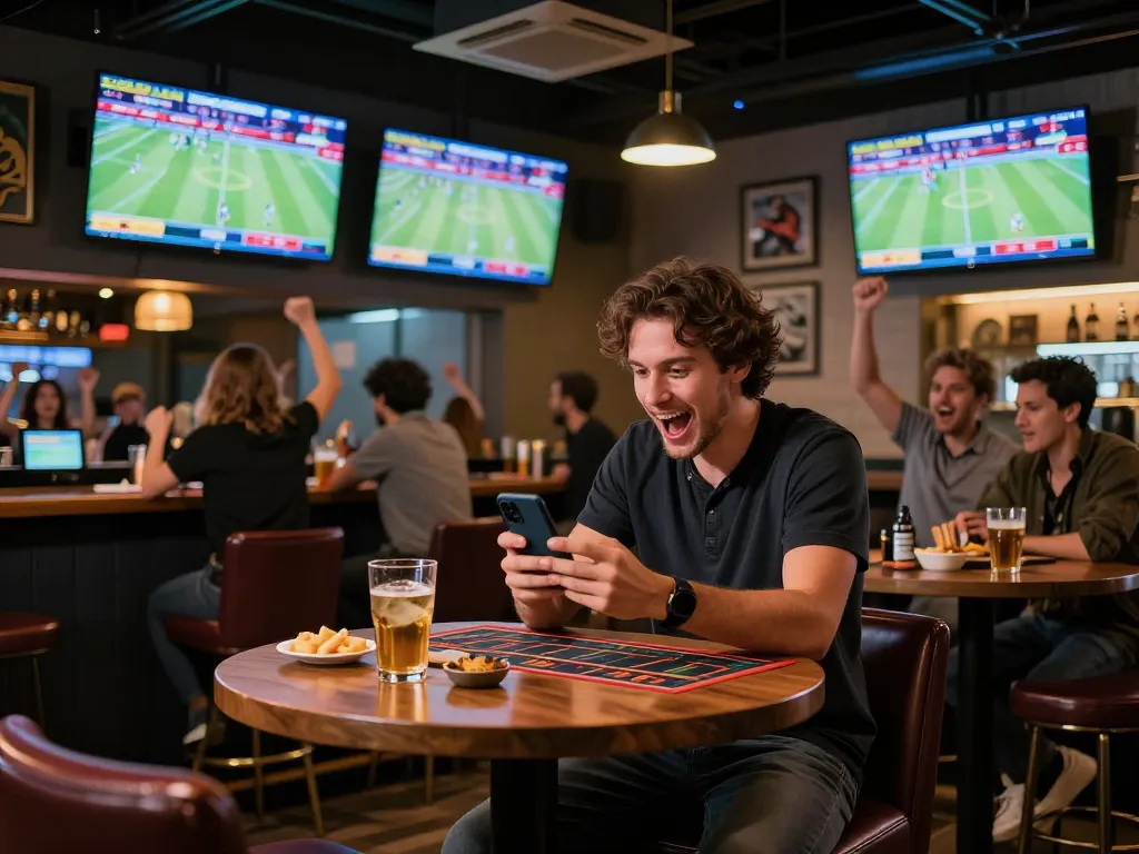 Betting on tỷ lệ kèo nhà cái at a stylish sports bar with live events and cheering crowds.