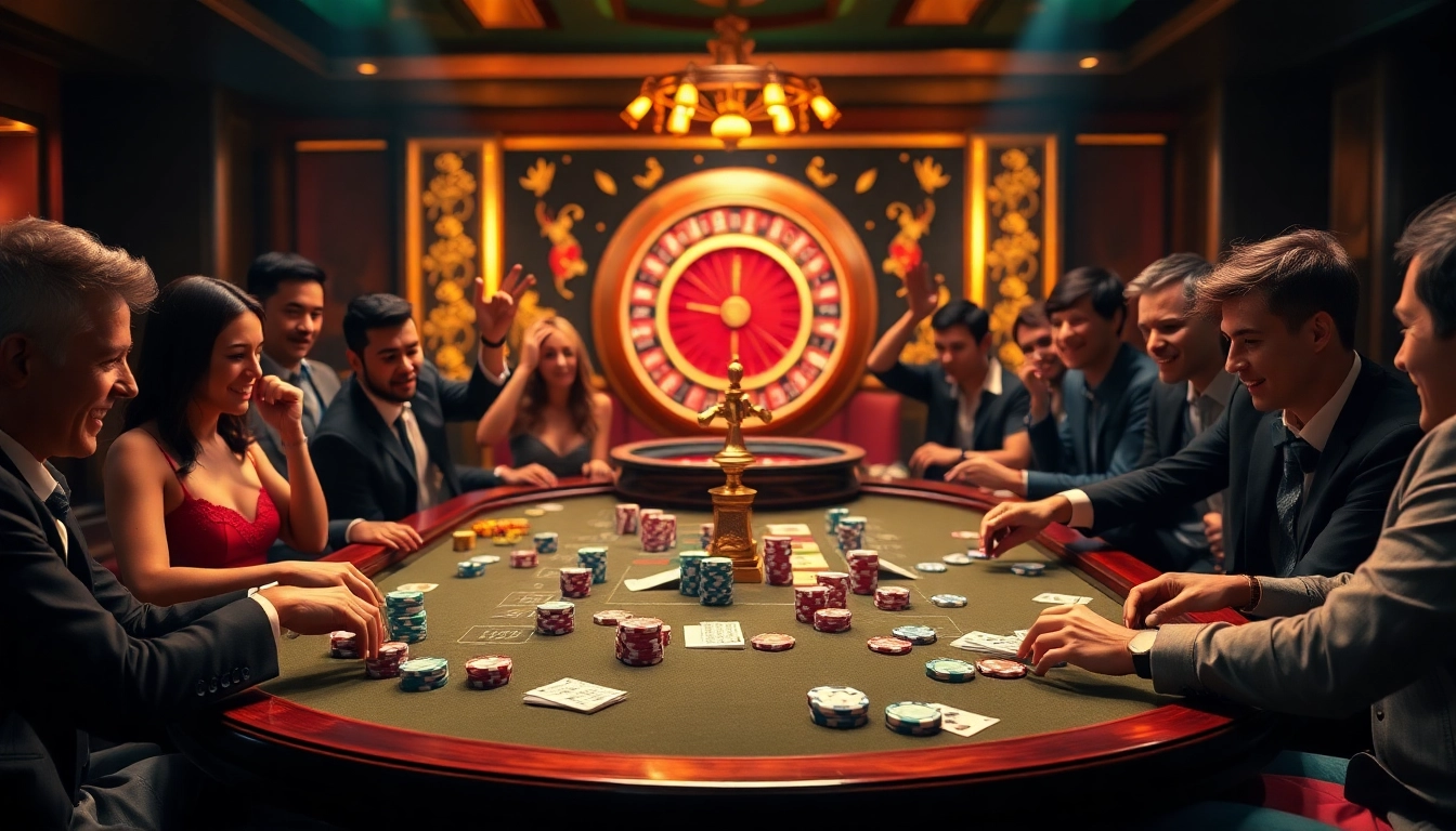 Exciting poker scene at https://rikvip11.xyz/ with players engaged in high-stakes action amidst luxurious casino ambiance.