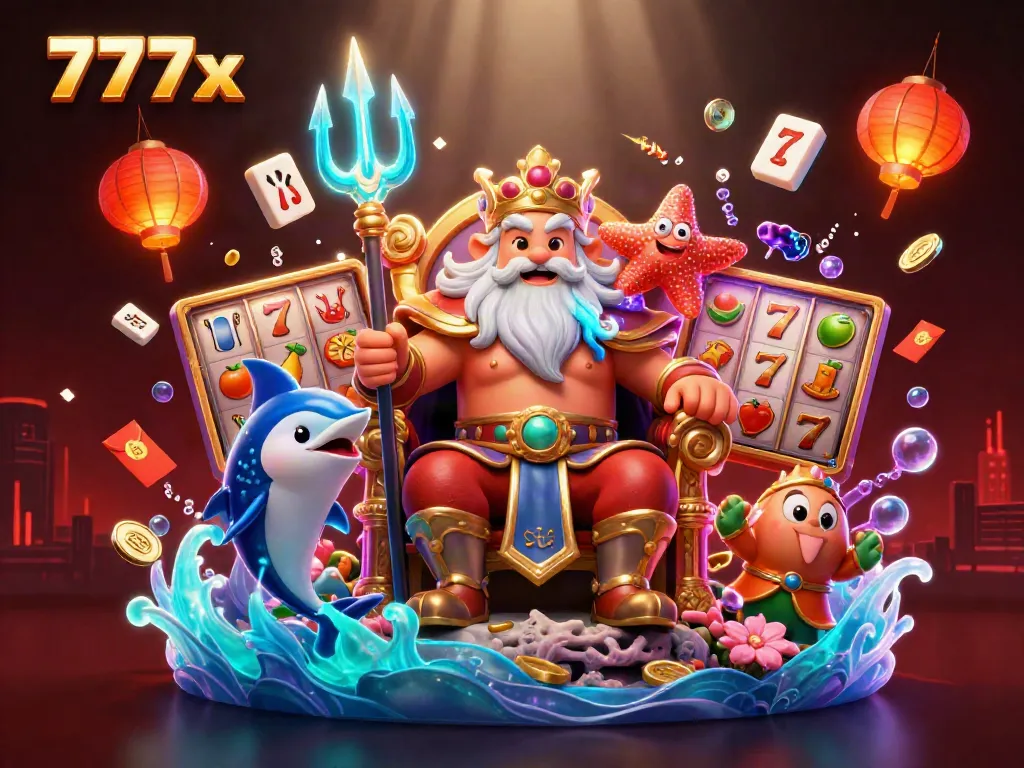Experience thrilling gameplay at 777x with Neptune and samurai flanked by slot machines.
